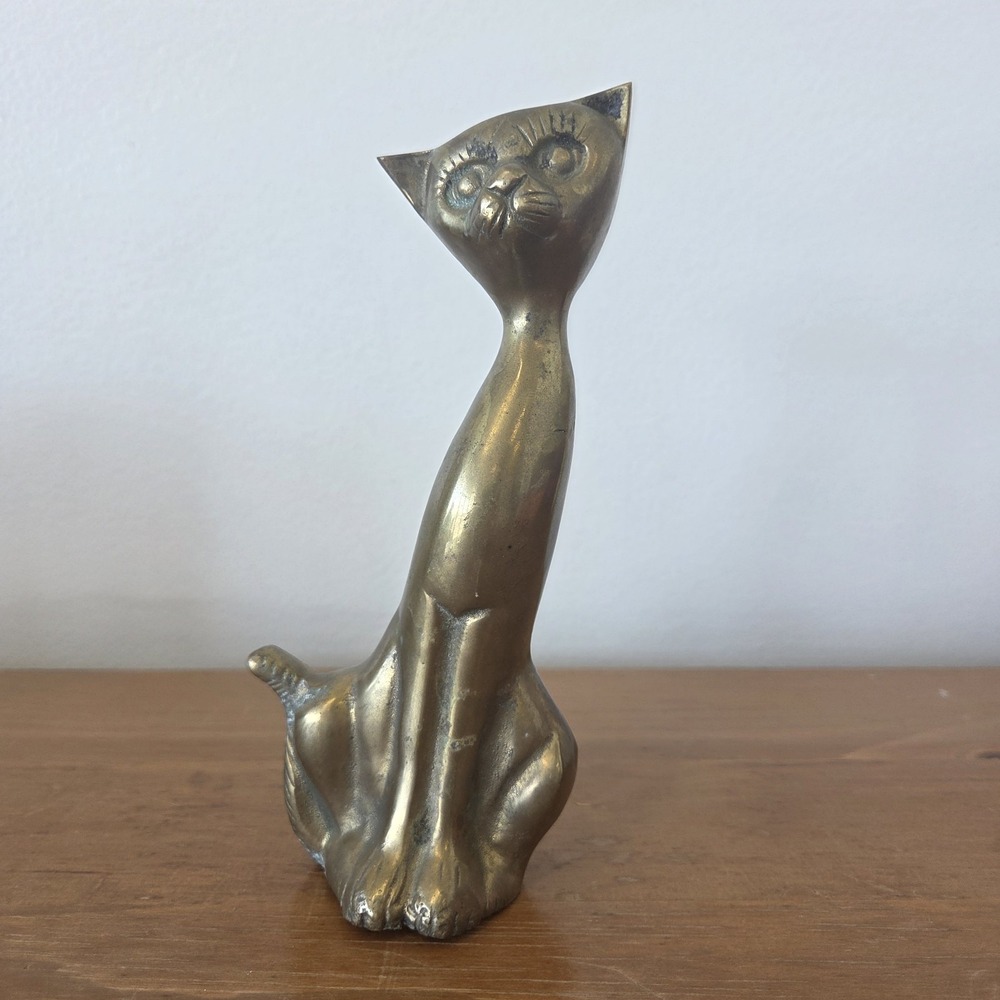 Vintage MCM Long Necked Sitting Brass Cat Statue Figurine 7" Tall Etched Details
